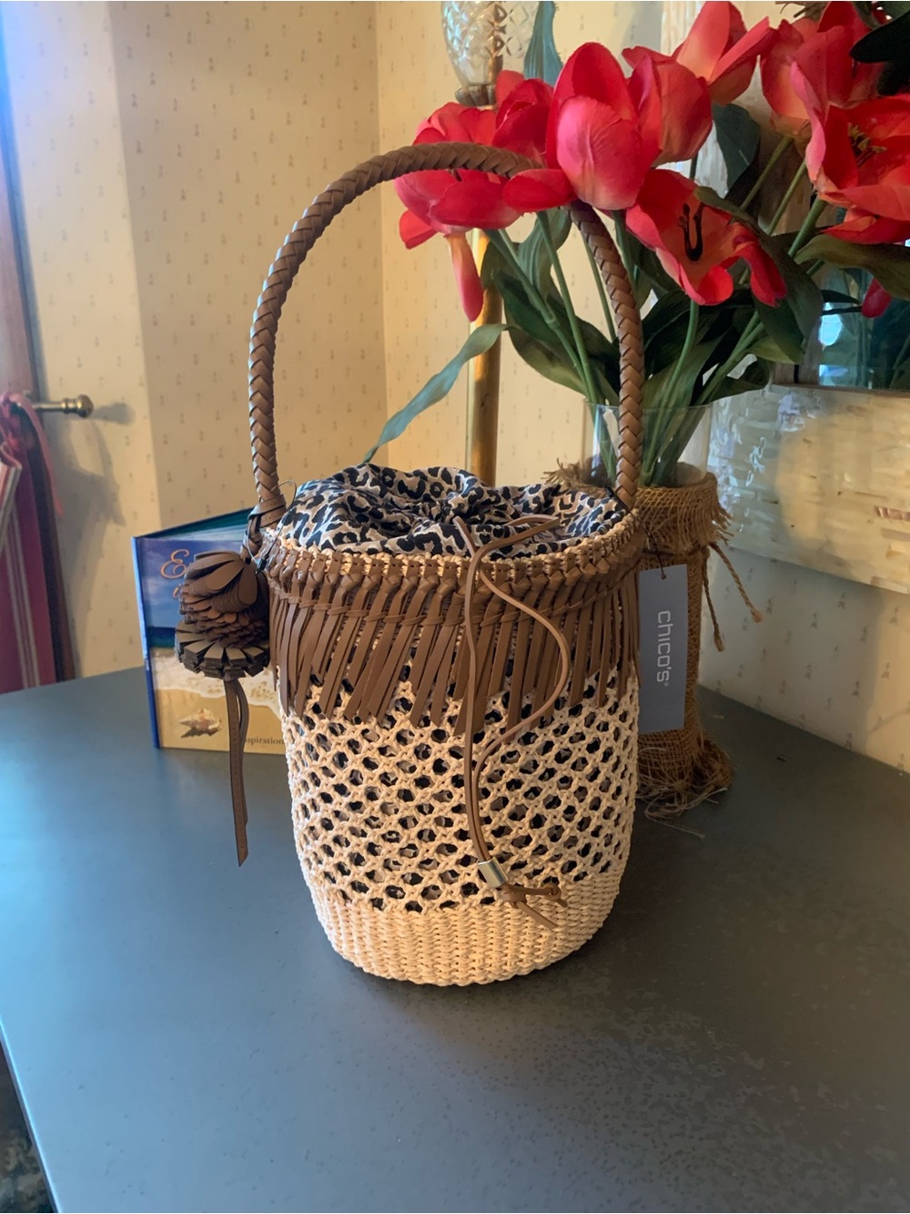 Chico's NEW WITH TAGS, Raffia Straw, CHEETAH lined Bucket bag. ANIMAL PRINT.